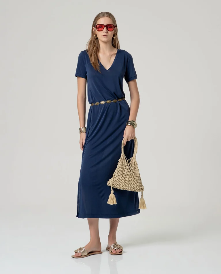 VESTIDO MAXI LISO TEJIDO LIGERO MARINO