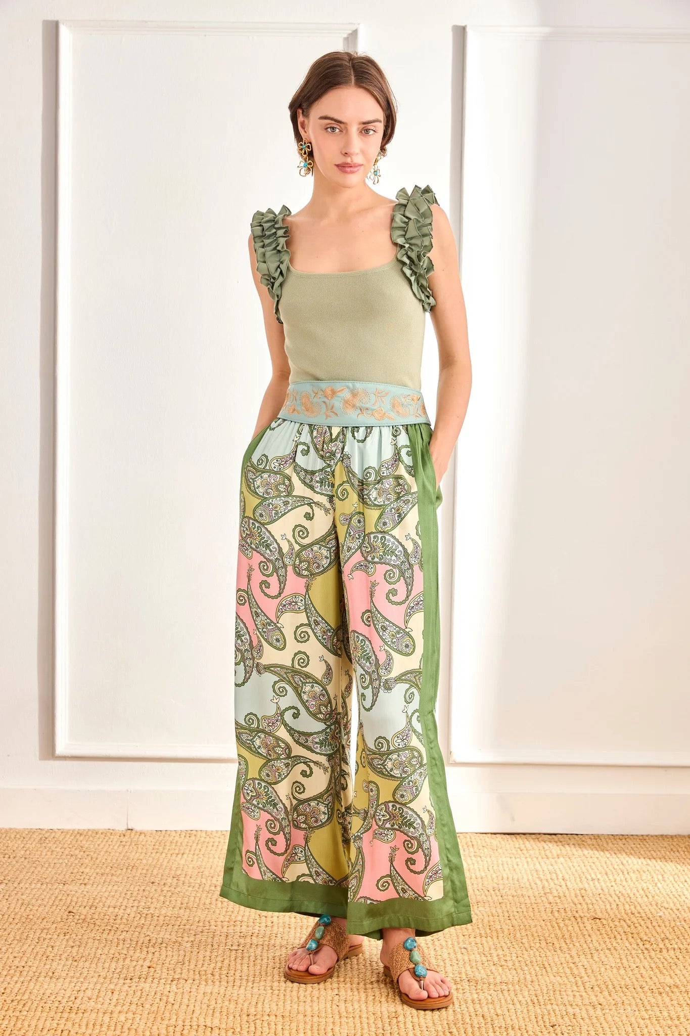 PANTALÓN PAISLEY FRANJAS LATERALES VERDE