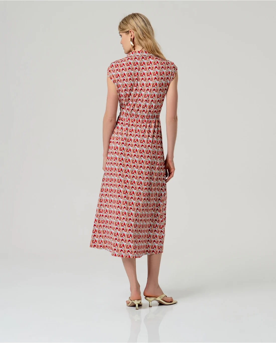 VESTIDO MIDI CAMISERO ESTAMPADO ROJO
