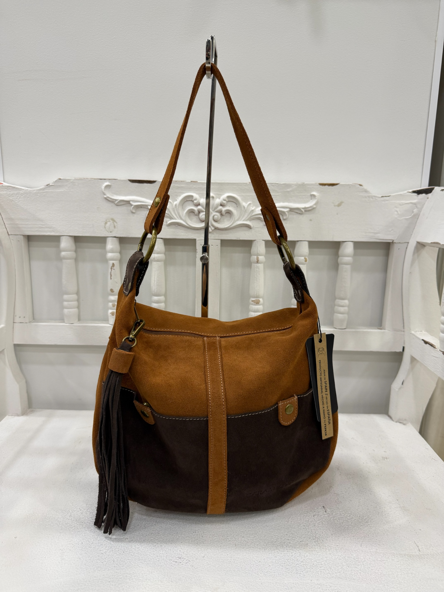 BOLSO DE HOMBRO BICOLOR CUERO/MARRÓN