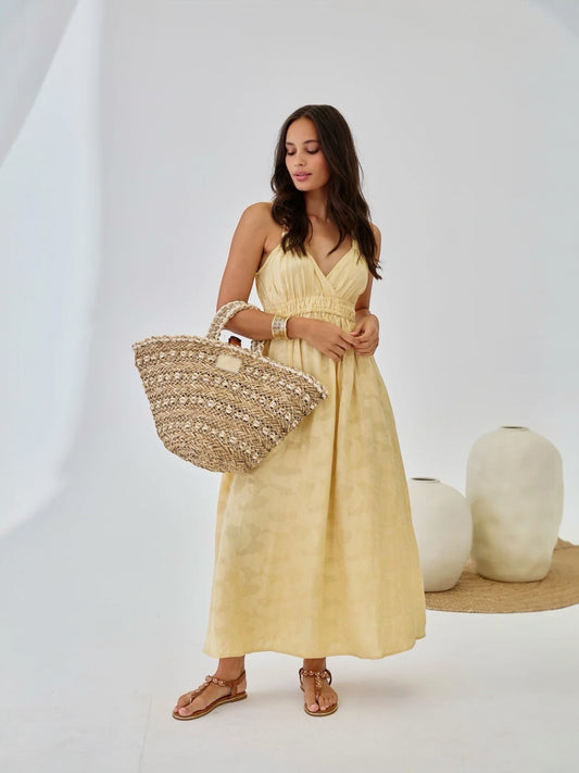 VESTIDO JACQUARD TIRANTES JOYA - AMARILLO