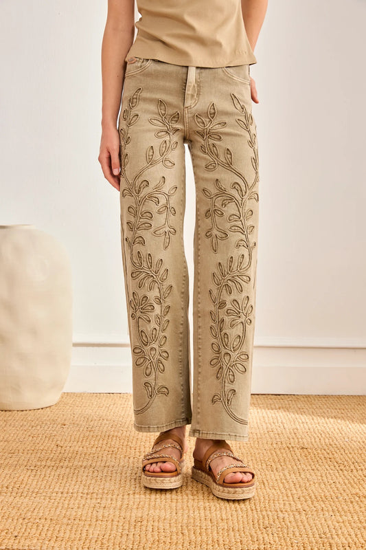 JEANS FILIGRANA HOJAS BORDADAS KHAKI