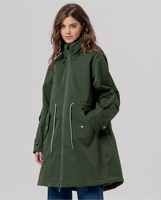 PARKA MIDI CON CAPUCHA REPELENTE AL AGUA KAKI OSCURO