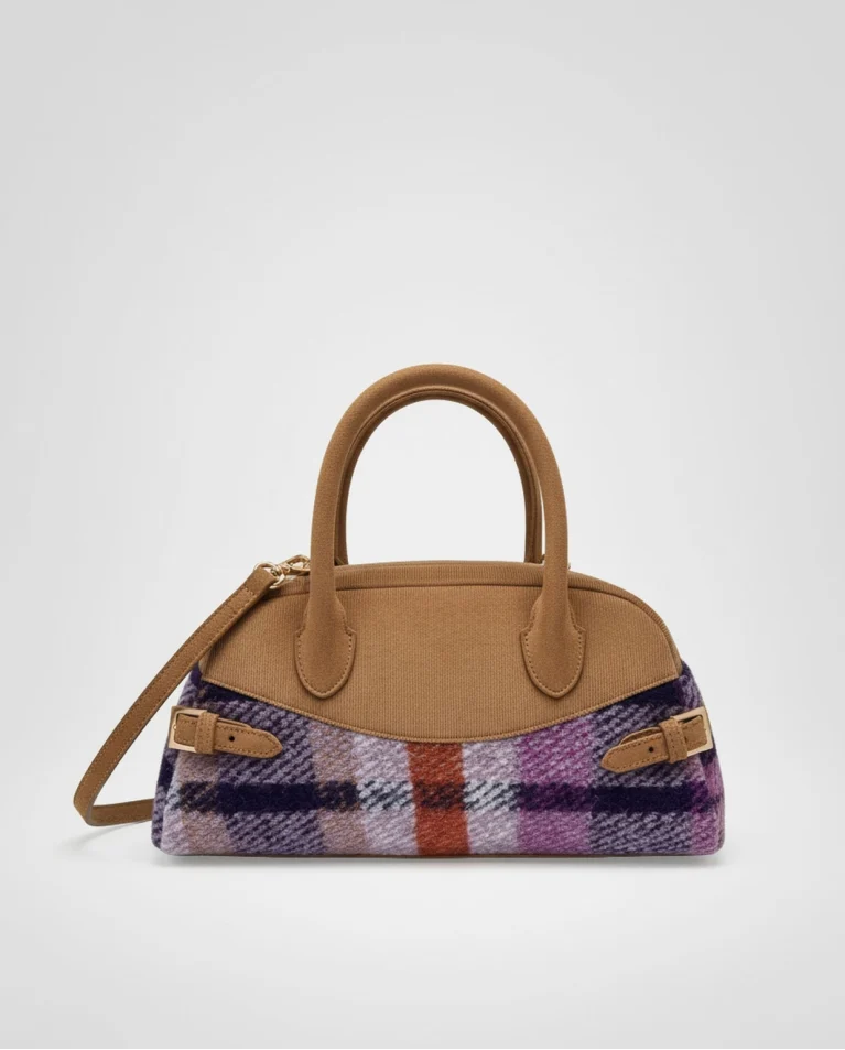 BOLSO BOWLING DE CUADROS DE LANA MORADO