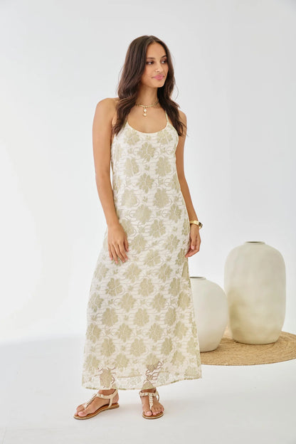 VESTIDO LARGO BLONDA FLORES LIRAEL CRUDO