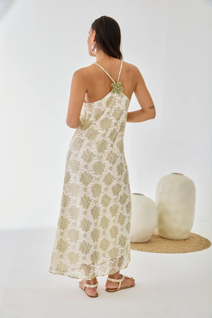 VESTIDO LARGO BLONDA FLORES LIRAEL CRUDO