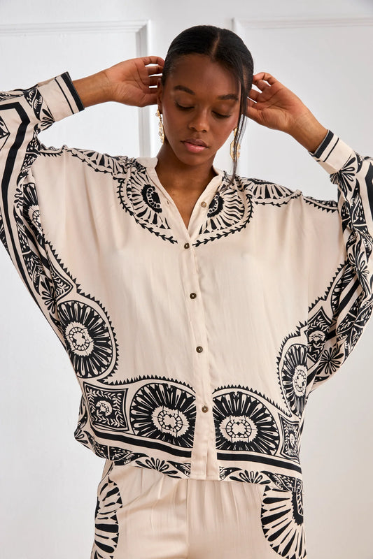 BLUSA ÉTNICA BICOLOR  BLANCO
