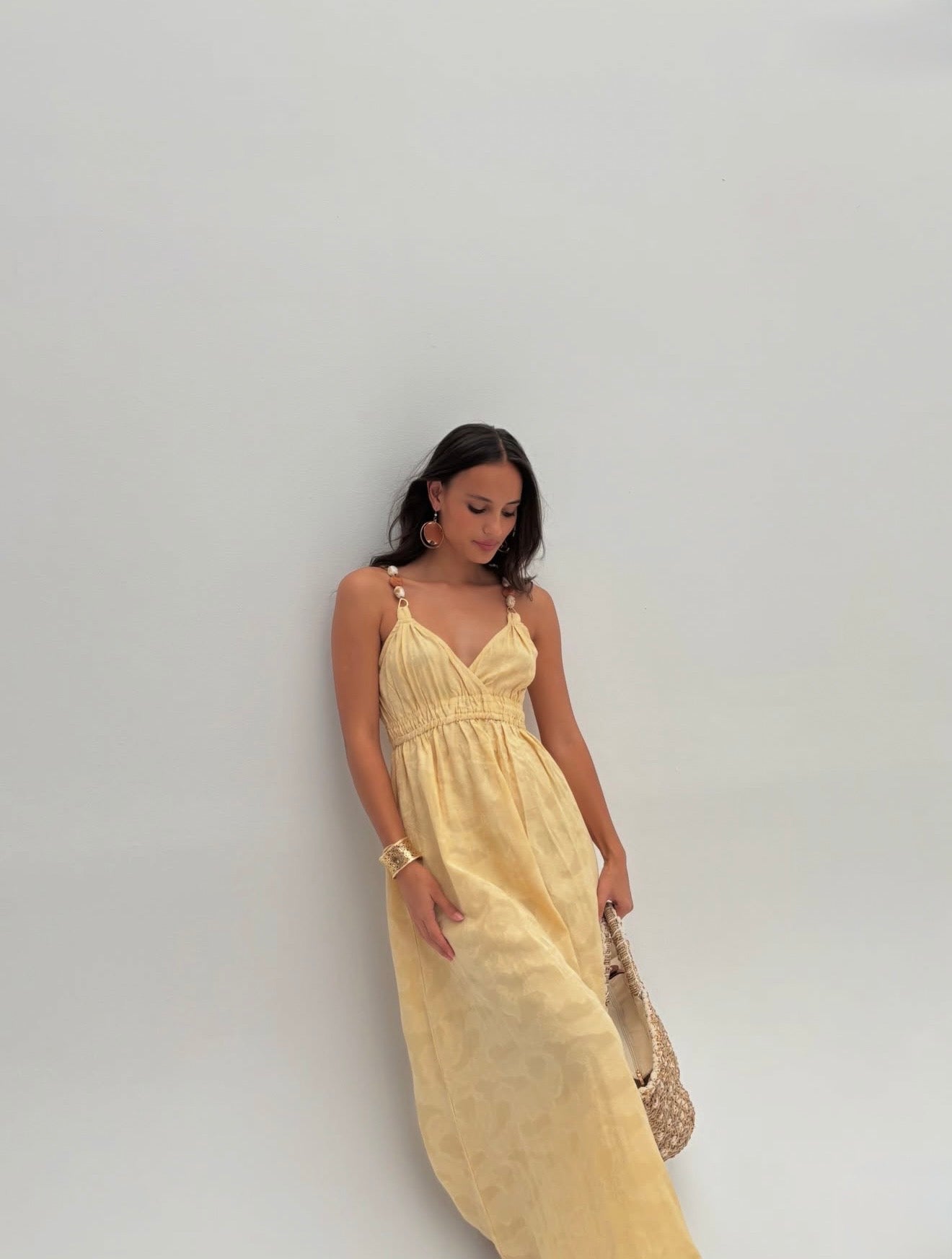 VESTIDO JACQUARD TIRANTES JOYA - AMARILLO