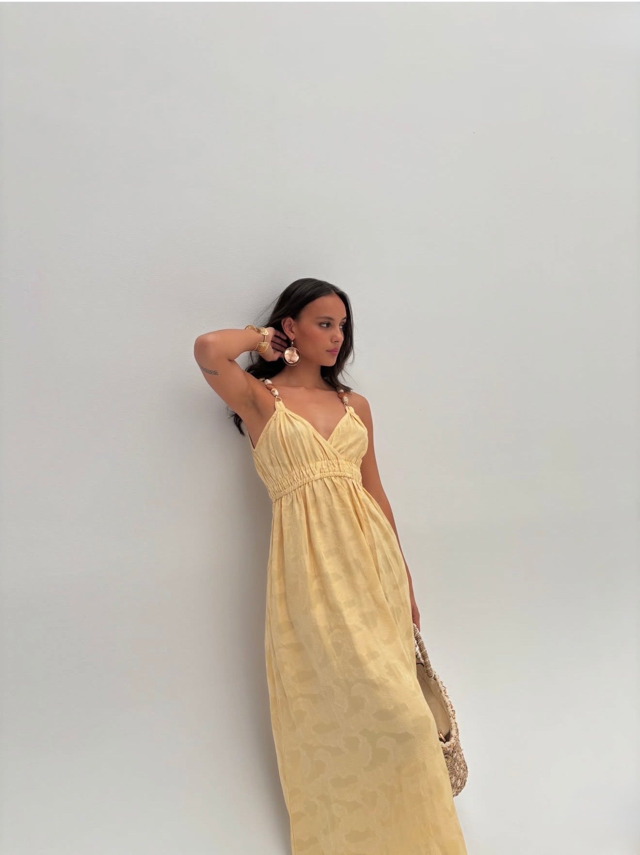 VESTIDO JACQUARD TIRANTES JOYA - AMARILLO