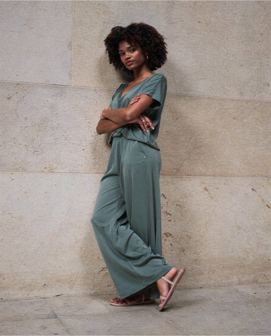 PANTALÓN AMPLIO CON CINTURA ELÁSTICA VERDE BOTELLA