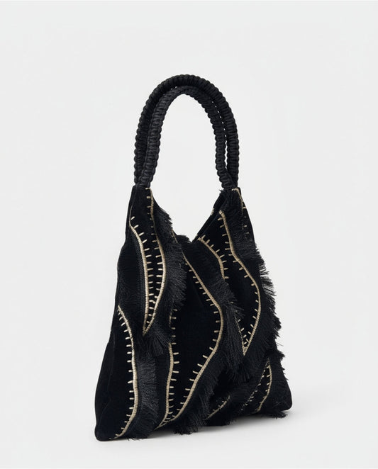 BOLSO TRAPEZOIDAL DE TERCIOPELO BORDADO NEGRO