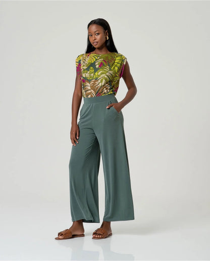 PANTALÓN AMPLIO CON CINTURA ELÁSTICA VERDE BOTELLA