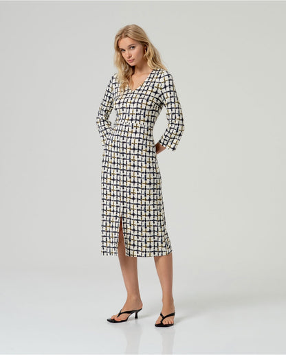VESTIDO MIDI ESCOTE PICO ELÁSTICO CRUDO