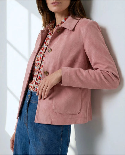 CHAQUETA EFECTO ANTE CON BOLSILLOS ROSA