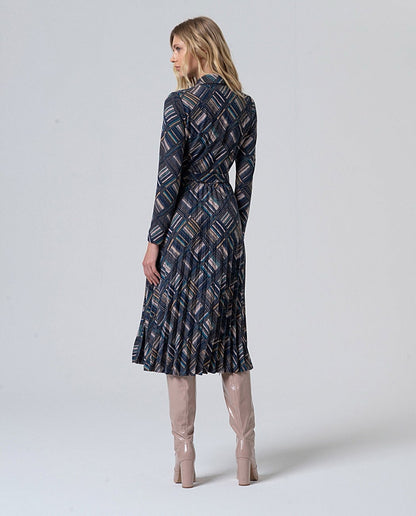 VESTIDO CAMISERO GEOMÉTRICO CON CINTURÓN AZUL