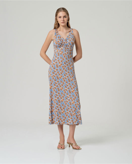 VESTIDO MIDI ALOE VERA DRAPEADO AZUL EMPOLVADAO