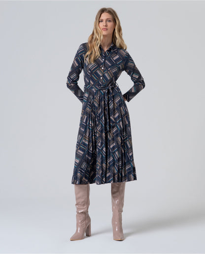 VESTIDO CAMISERO GEOMÉTRICO CON CINTURÓN AZUL