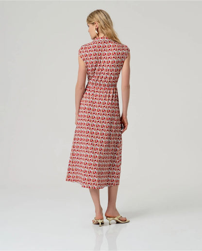 VESTIDO MIDI CAMISERO ESTAMPADO ROJO