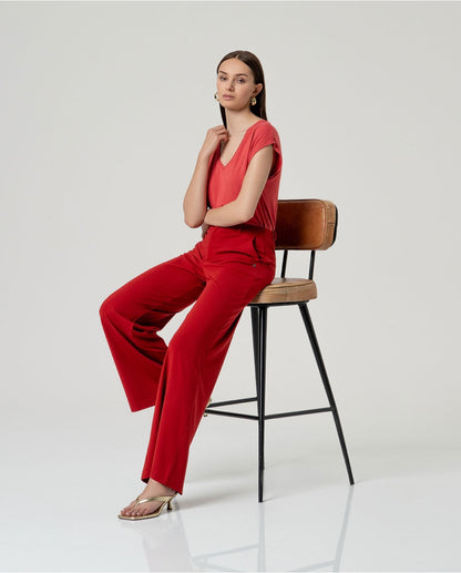 PANTALÓN RECTO CON CINTURA ELÁSTICA ROJO