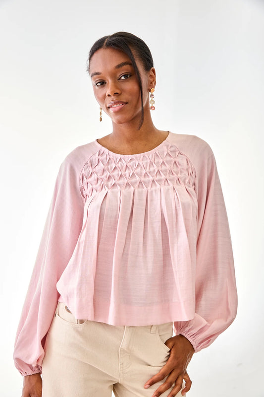 BLUSA PLISADOS GEOMÉTRICOS ROSA