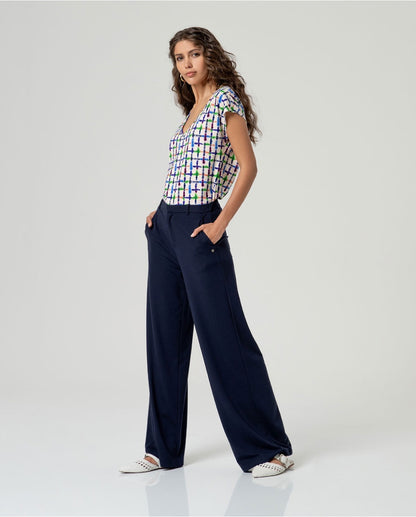 PANTALÓN RECTO CON CINTURA ELÁSTICA MARINO