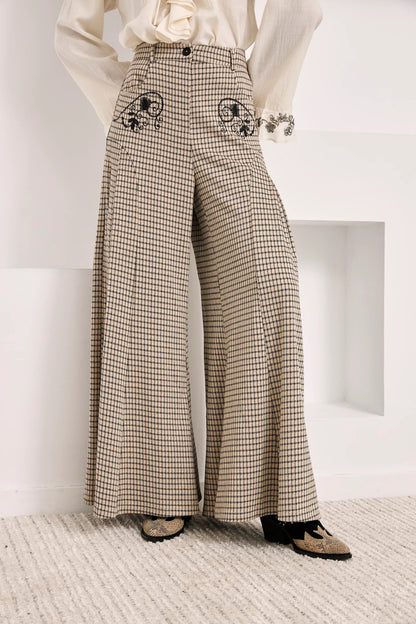 PANTALÓN PALAZZO CUADROS CON BORDADOS IVORY