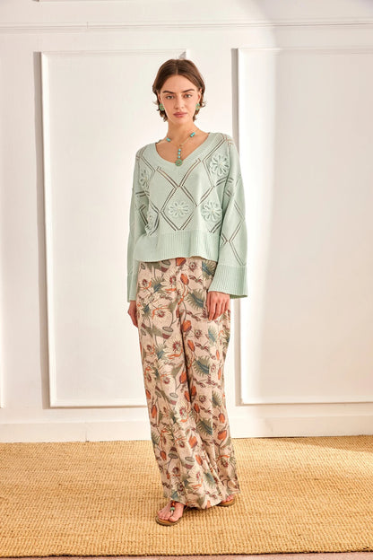 PANTALÓN FLORAL CAMPANA CRUDO