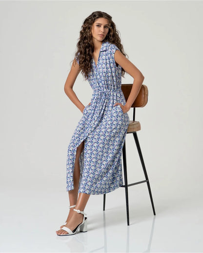 VESTIDO MIDI CAMISERO ESTAMPADO AZUL