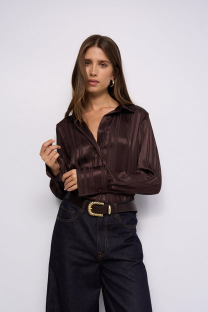CAMISA SATINADA DE RAYAS MARRÓN