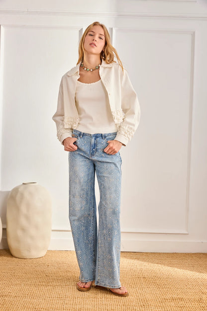 CHAQUETA DENIM CORTA VOLANTES KIRA BLANCO