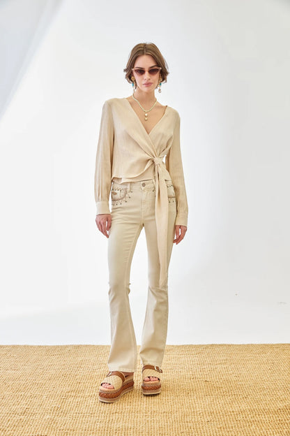 BLUSA SMOKED CRUZADA LAZADA CAMEL