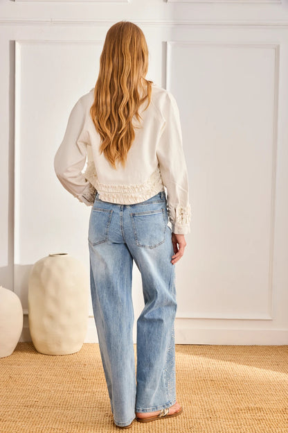 CHAQUETA DENIM CORTA VOLANTES KIRA BLANCO