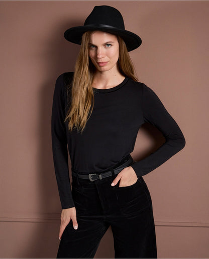 CAMISETA DE CUELLO REDONDO DE VISCOSA BAMBÚN NEGRO