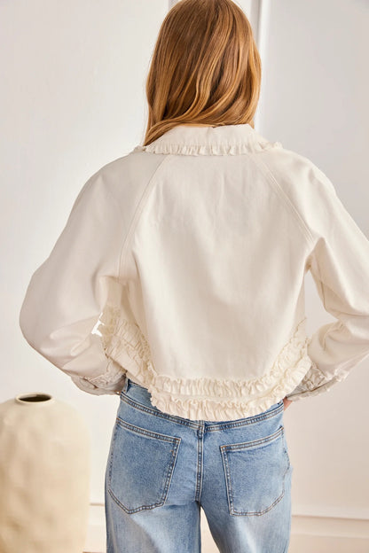 CHAQUETA DENIM CORTA VOLANTES KIRA BLANCO