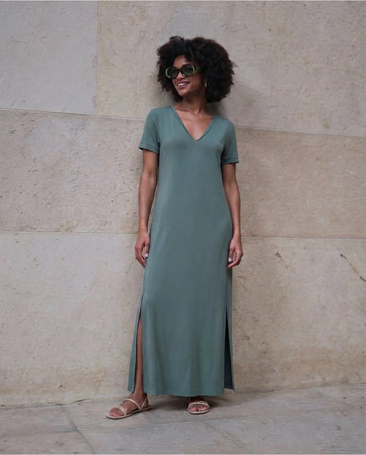 VESTIDO MAXI LISO TEJIDO LIGERO VERDE BOTELLA