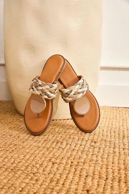 SANDALIAS ESCLAVA RAFIA TRENZADA TRICOLOR - CRUDO