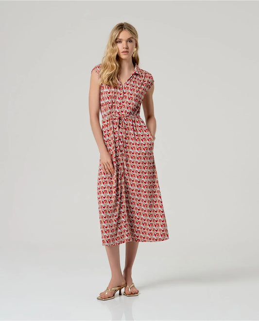 VESTIDO MIDI CAMISERO ESTAMPADO ROJO