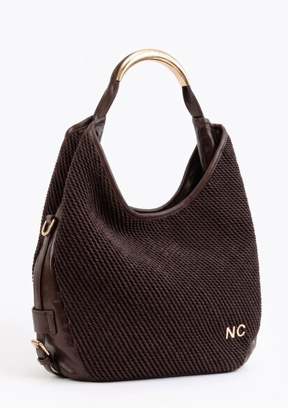 BOLSO HOBO SOFT TEXTURA ASA METAL MARRÓN CHOCOLATE
