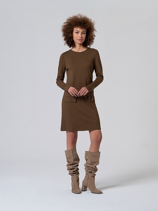 VESTIDO CORTO Y RECTO EVASÉ KAKI OSCURO
