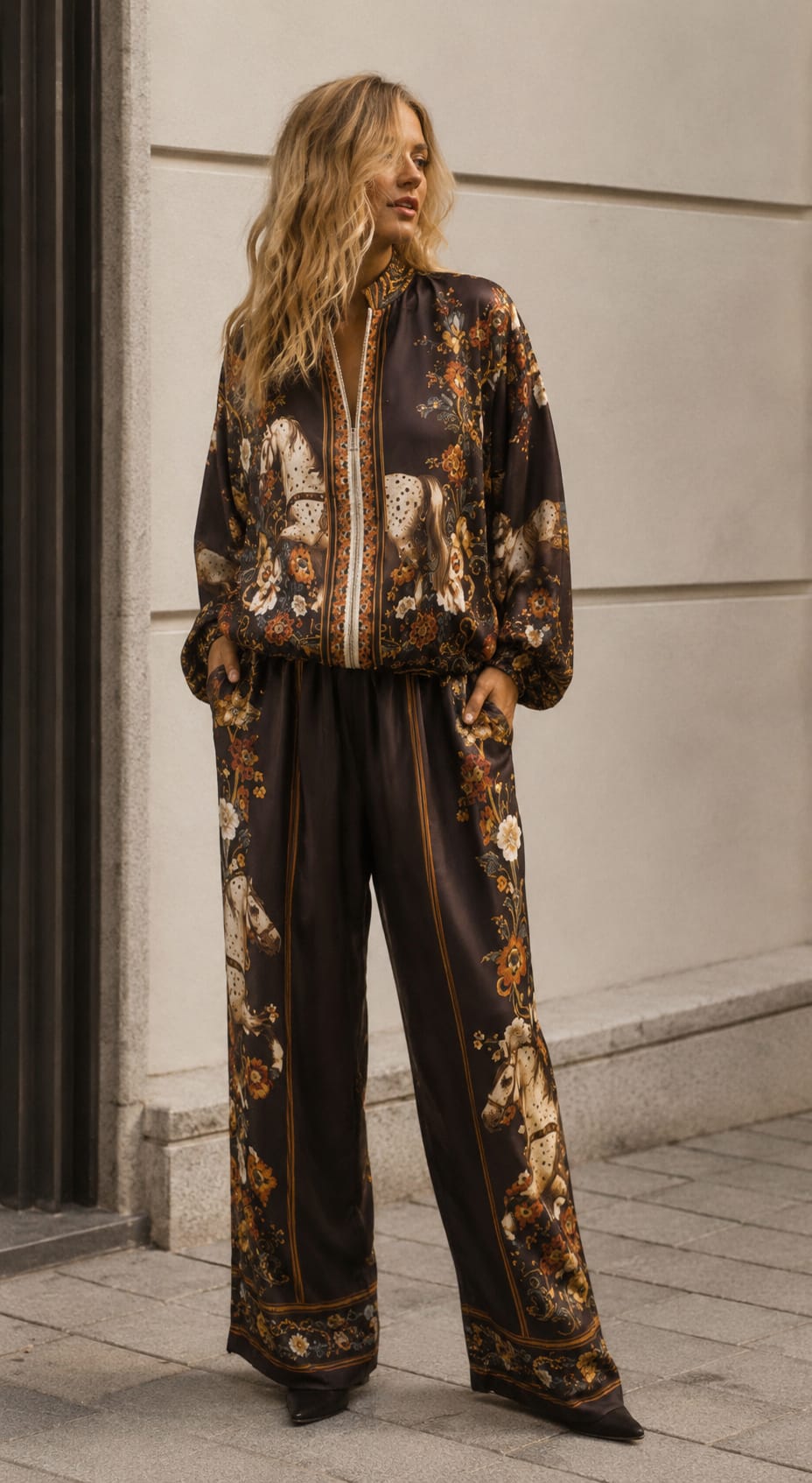 CHAQUETA BOMBER ESTAMPADO CABALLOS MARRÓN
